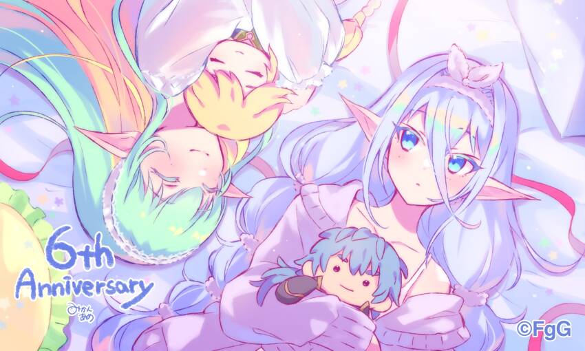 2girls, :o, ainanna_(ta_ga_tame_no_alchemist), aqua_eyes, blue_hair, crossed_bangs, green_hair, hair_between_eyes