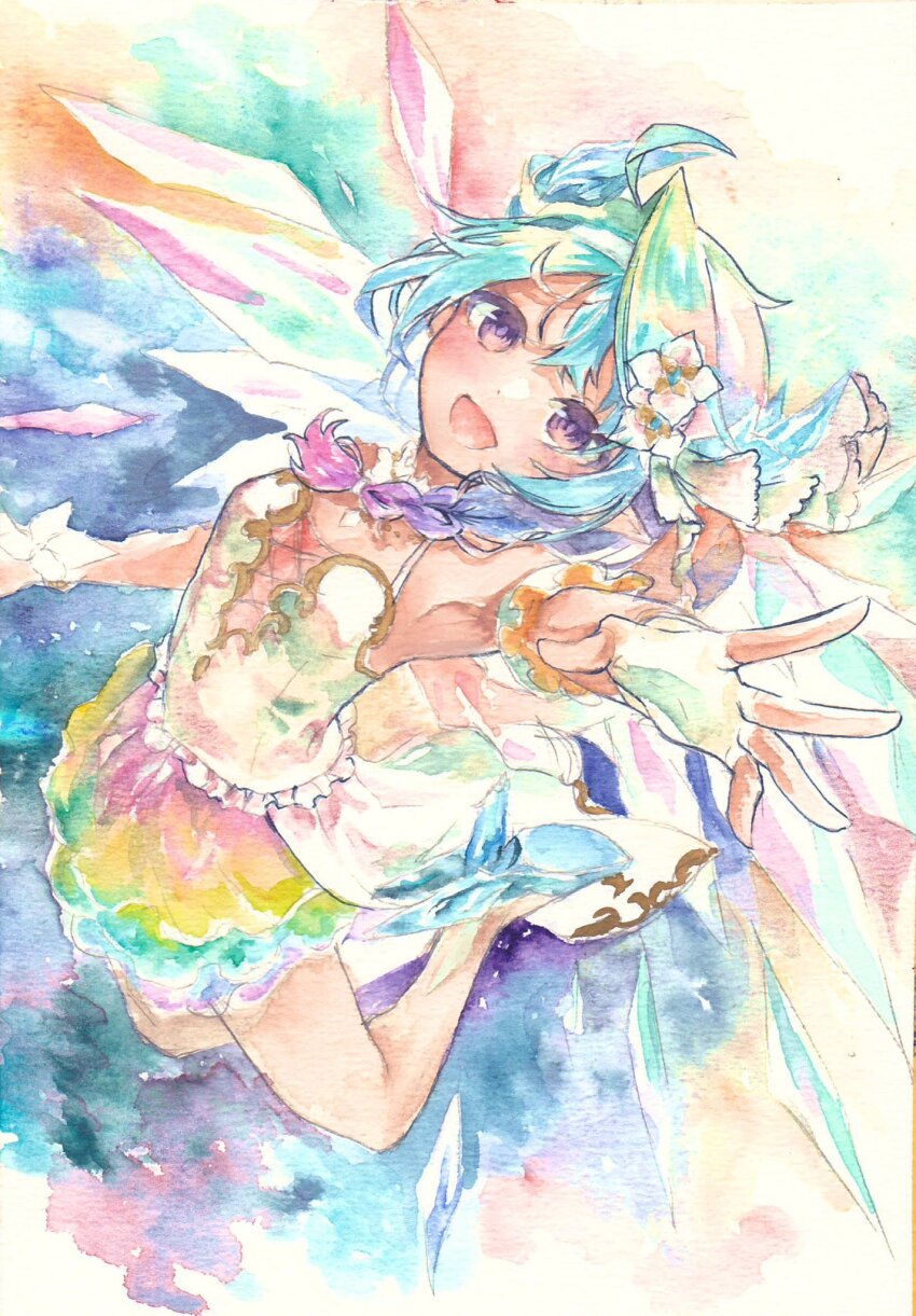 1girl, blue_hair, blue_horns, cross-laced_clothes, cross-laced_dress, crystal_horns, crystal_wings, dragon_girl