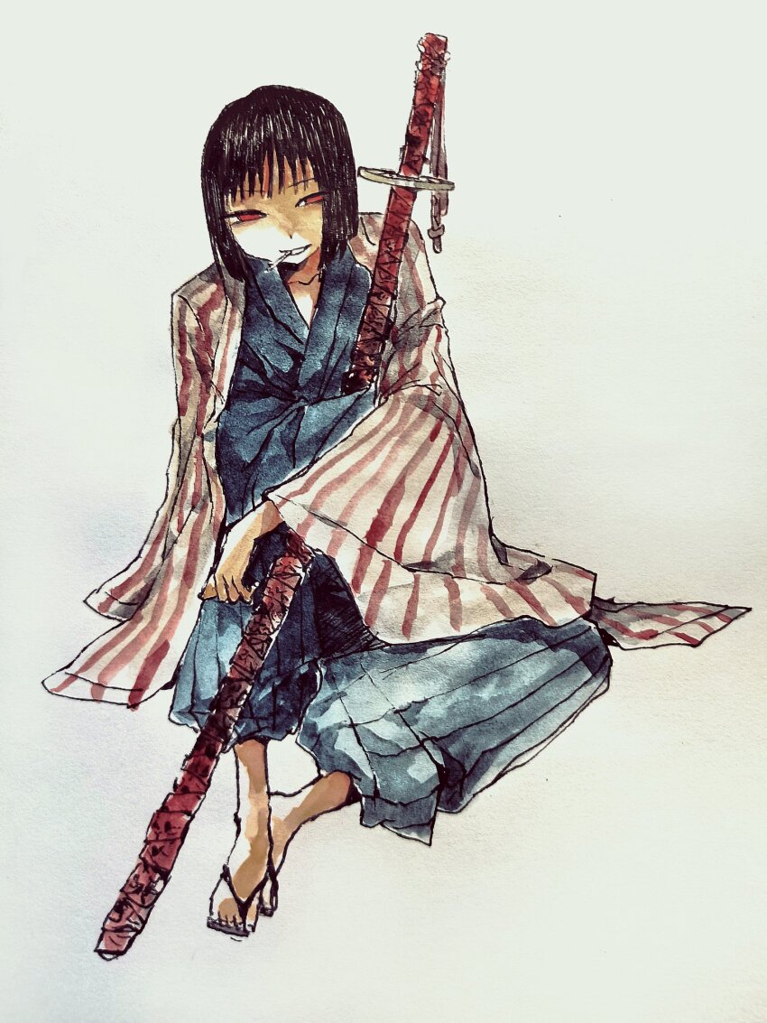 1girl, black_hair, black_kimono, black_sandals, blue_hakama, blunt_ends, bob_cut, cigarette