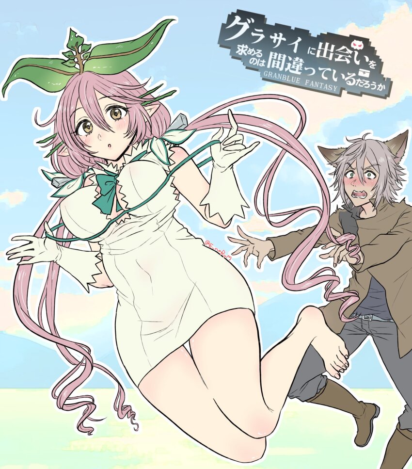 1boy, 1girl, bell_cranel, bell_cranel_(cosplay), belt, blush, boots, breasts