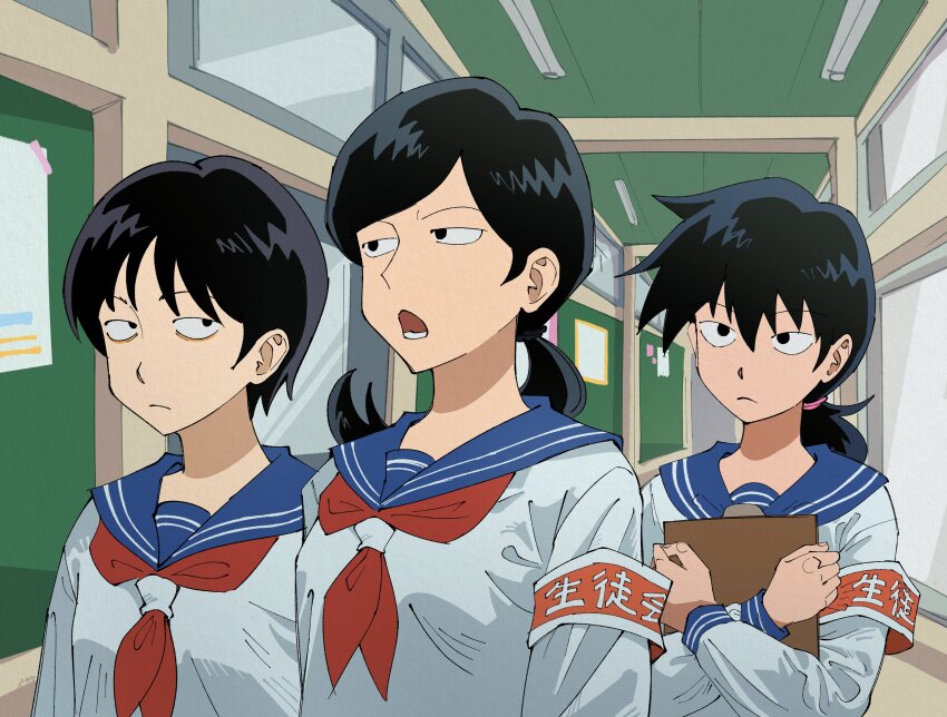 3girls, absurdres, armband, black_eyes, black_hair, breasts, clipboard, commentary