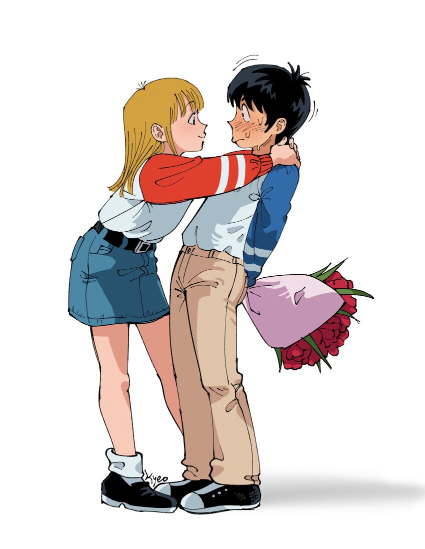 1boy, 1girl, absurdres, belt, black_belt, black_hair, blonde_hair, blush, bouquet, brown_pantyhose, commentary, denim, denim_skirt, english_commentary, flower, frown, hands_on_another's_shoulders, hetero, highres, holding, holding_bouquet, kyokyeo, miniskirt, motion_lines, nervous_sweating, oozora_hibari, pantyhose, red_flower, red_rose, rose, sakamoto_kousaku, shoes, skirt, smile, sneakers, stop!!_hibari-kun!, sweat