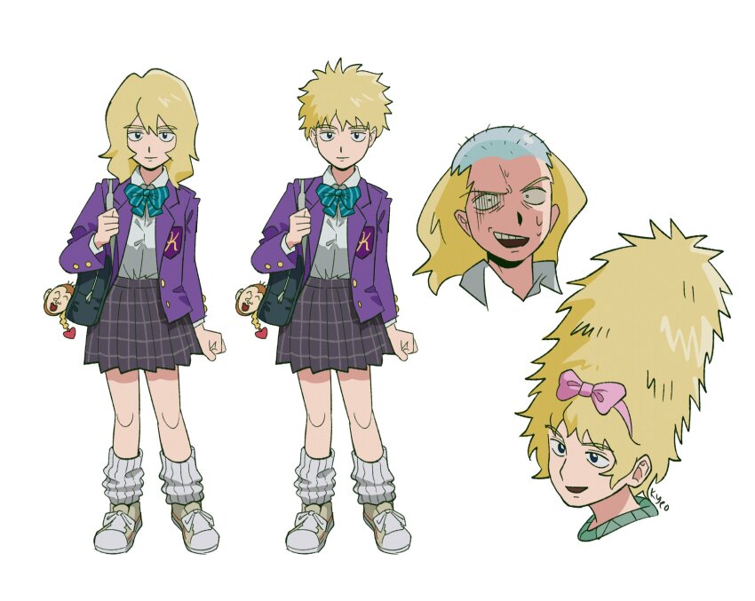 1girl, bag, blonde_hair, bow, bowtie, reference_sheet, charm_(object), commentary