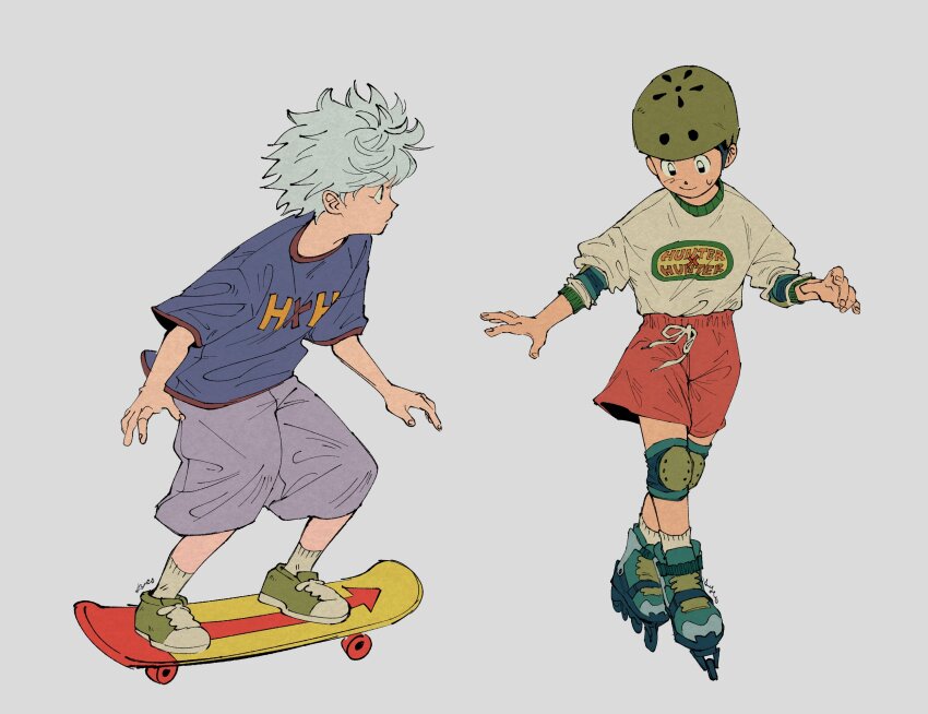 2boys, black_hair, blue_shirt, commentary, copyright_name, gon_freecss, grey_shorts, helmet, highres, hunter_x_hunter, inline_skates, killua_zoldyck, knee_pads, kyokyeo, male_focus, multiple_boys, red_shorts, roller_skates, shirt, shirt_tucked_in, shoes, shorts, skateboard, skateboarding, skates, sneakers, sweatdrop, t-shirt, white_hair, white_shirt