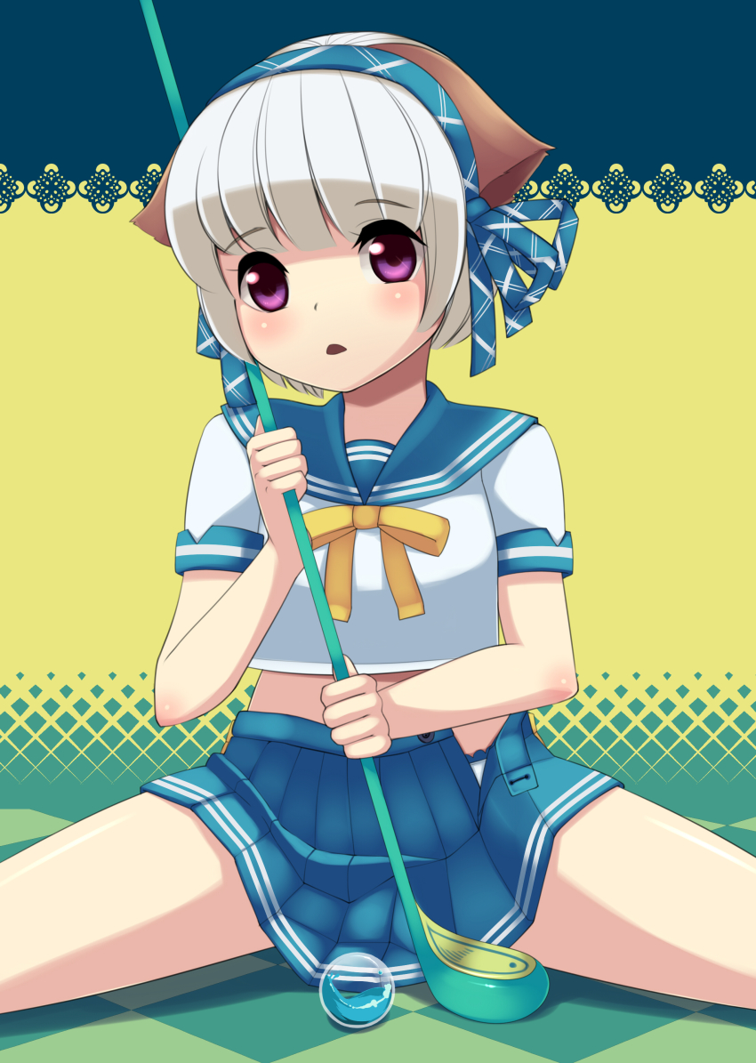 1boy, absurdres, animal_ears, ball, blush, crossdressing, crossdressing_(mtf), cutting_(mkjtl), english_text, golf_ball, golf_club, hairband, highres, male_focus, midriff, nell_(pangya), open_mouth, pangya, purple_eyes, short_hair, silver_hair, sitting, solo, trap, water, yukinon