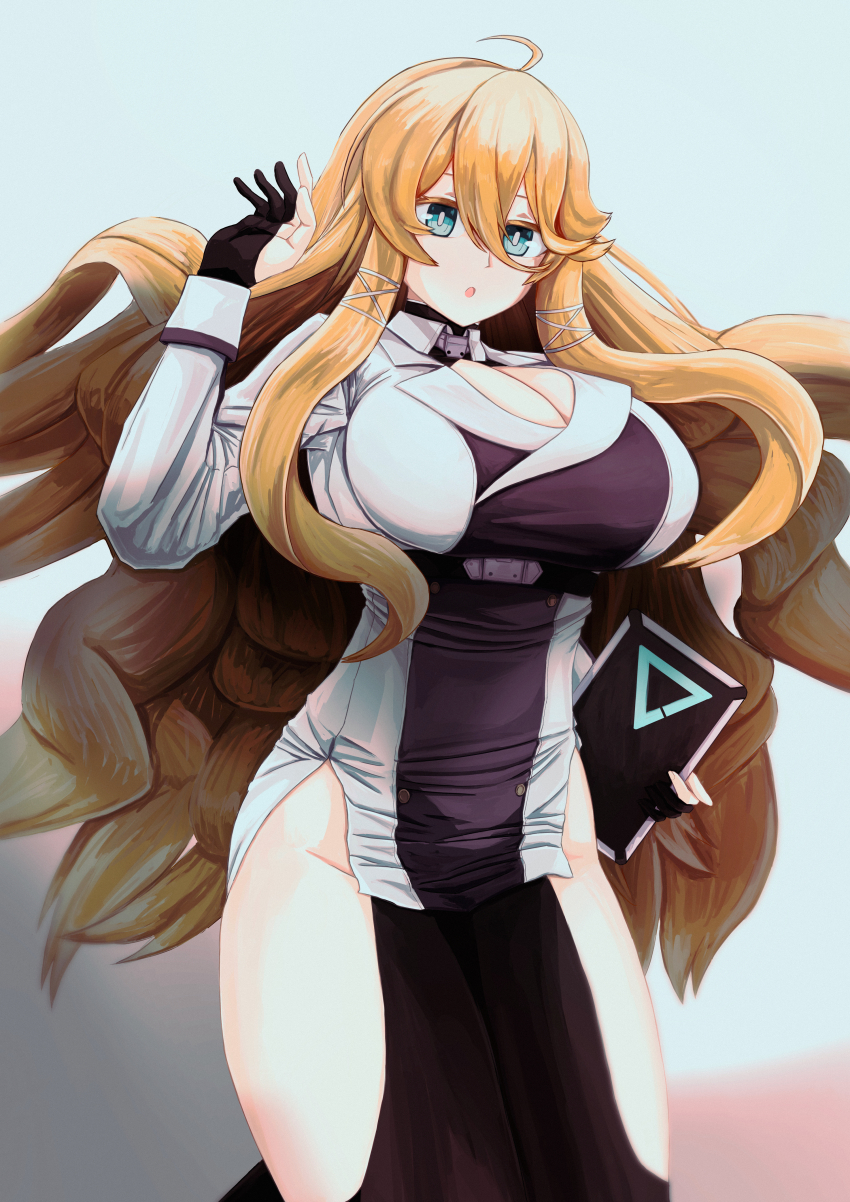 1girl, :o, absurdres, ahoge, aqua_eyes, belt, black_gloves, blonde_hair, breasts, bright_pupils, cleavage, clothing_cutout, commentary, counter:side, floating_hair, gloves, groin, hair_between_eyes, hand_up, high-waist_belt, highres, holding, holding_tablet_pc, jacket, large_breasts, long_hair, long_sleeves, looking_ahead, moneka_(counter:side), msto, partially_fingerless_gloves, sidelocks, solo, tablet_pc, thigh_cutout, very_long_hair, wavy_hair, white_background, white_jacket, white_pupils