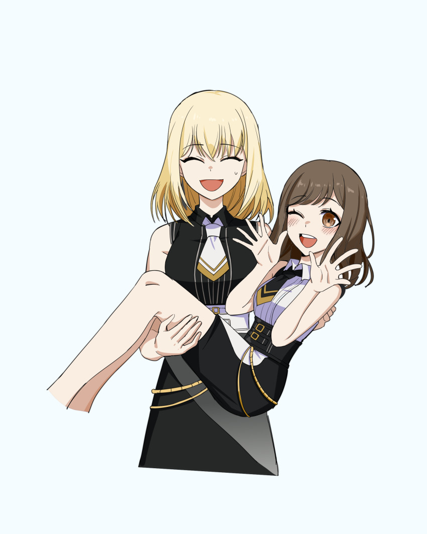 2girls, ^_^, absurdres, bang_dream!, bang_dream!_it's_mygo!!!!!, black_dress, black_necktie, black_skirt, blonde_hair, blush, brown_eyes, brown_hair, carrying, closed_eyes, collared_shirt, commentary, dated_commentary, dress, hands_up, highres, looking_at_viewer, medium_hair, misumi_uika, multiple_girls, necktie, one_eye_closed, open_mouth, princess_carry, shirt, simple_background, skirt, sleeveless, sleeveless_dress, sumita_mana, sumimi_(bang_dream!), sweatdrop, teeth, upper_teeth_only, white_background, white_necktie, white_shirt, yzj21333