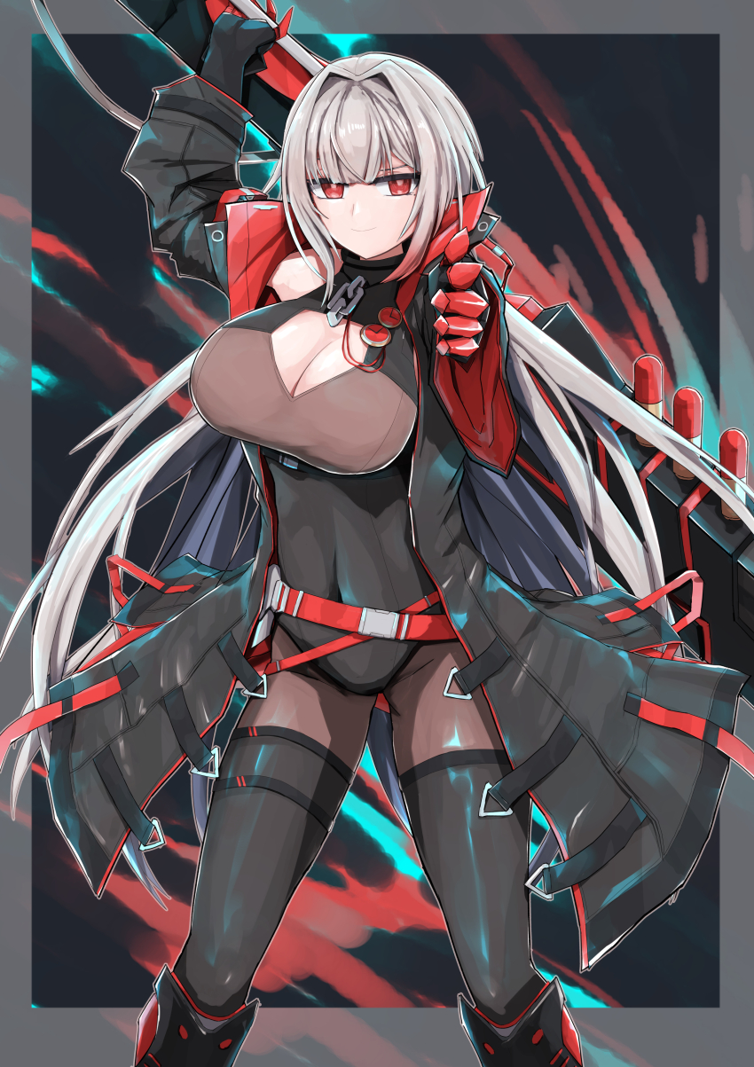 1girl, absurdres, alex_(counter:side), arm_up, black_coat, black_thighhighs, border, breasts, buckle, cleavage, cleavage_cutout, closed_mouth, clothing_cutout, coat, commentary, counter:side, counter_watch_(counter:side), covered_navel, english_commentary, finger_gun, gradient_hair, grey_border, grey_hair, hair_intakes, halter_leotard, halterneck, highleg, highleg_leotard, highres, holding, holding_behind_back, holding_weapon, holding_weapon_behind_back, large_breasts, leotard, long_hair, long_sleeves, looking_at_viewer, low_ponytail, mole, mole_under_eye, msto, multicolored_hair, open_clothes, open_coat, outside_border, pantyhose, pointing, pointing_at_viewer, ponytail, red_coat, red_eyes, red_hair, smile, smug, snap-fit_buckle, solo, standing, thighhighs, transparent_border, two-sided_coat, two-sided_fabric, very_long_hair, weapon