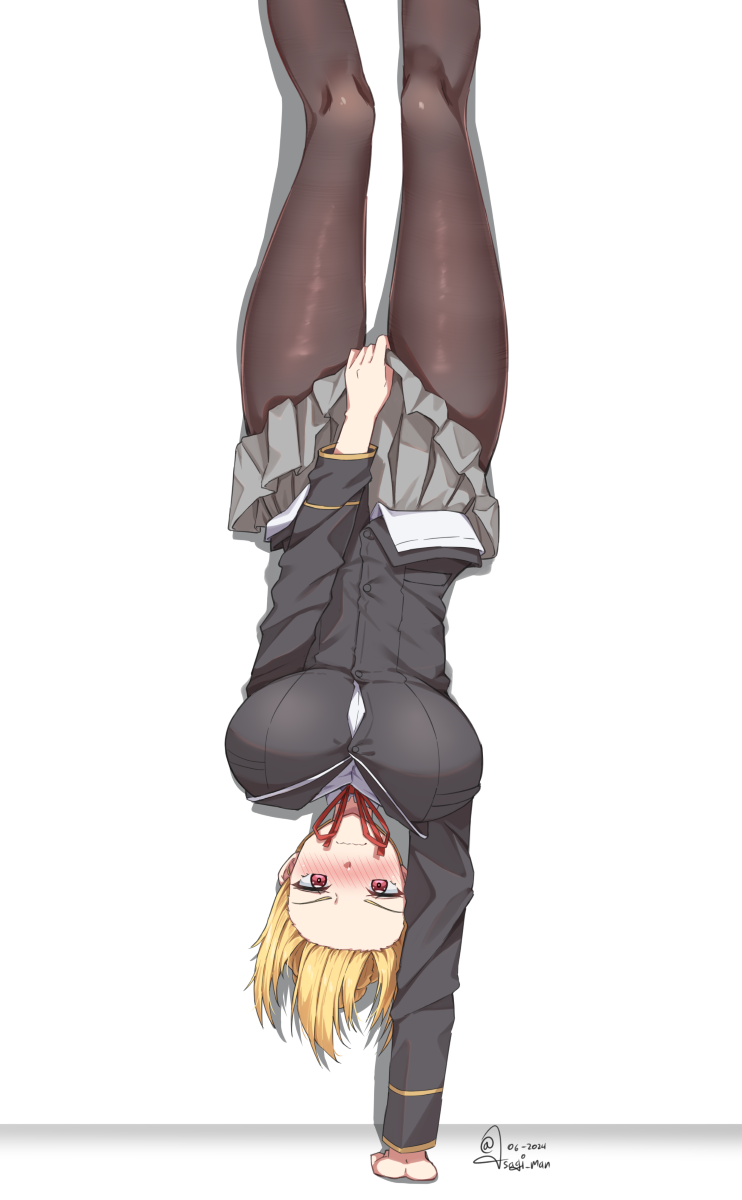 angelica_rapha_redgrave, black_pantyhose, blonde_hair, breasts, commission, embarrassed, grey_skirt, highres