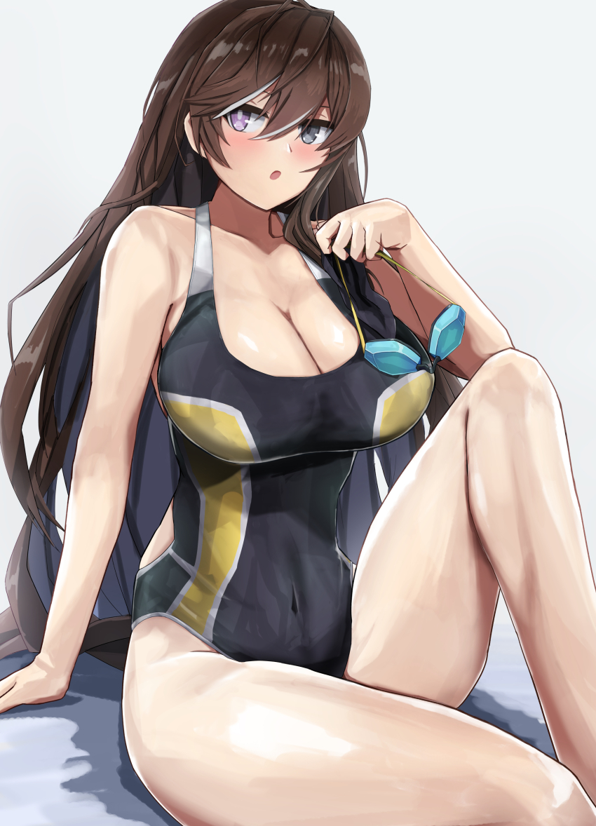 1girl, :o, absurdres, arm_support, back_cutout, bare_arms, bare_shoulders, black_one-piece_swimsuit