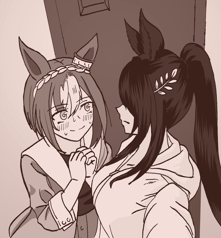 animal_ears, cesario_(umamusume), flustered, mingo_(min5san), monochrome, symboli_kris_s_(umamusume), tagme, umamusume