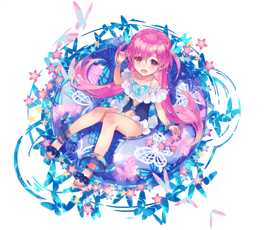 1girl, :d, aged_down, blue_one-piece_swimsuit, blue_sandals, braid, bug, butterfly, full_body, highres, innertube, insect, loli, long_hair, midriff, navel, no_socks, off-shoulder_one-piece_swimsuit, off_shoulder, official_art, on_innertube, one-piece_swimsuit, open_mouth, phantom_of_the_kill, pink_eyes, pink_hair, sandals, simple_background, smile, solo, swim_ring, swimsuit, transparent_background, two_side_up, tyrfing_(phantom_of_the_kill), white_background