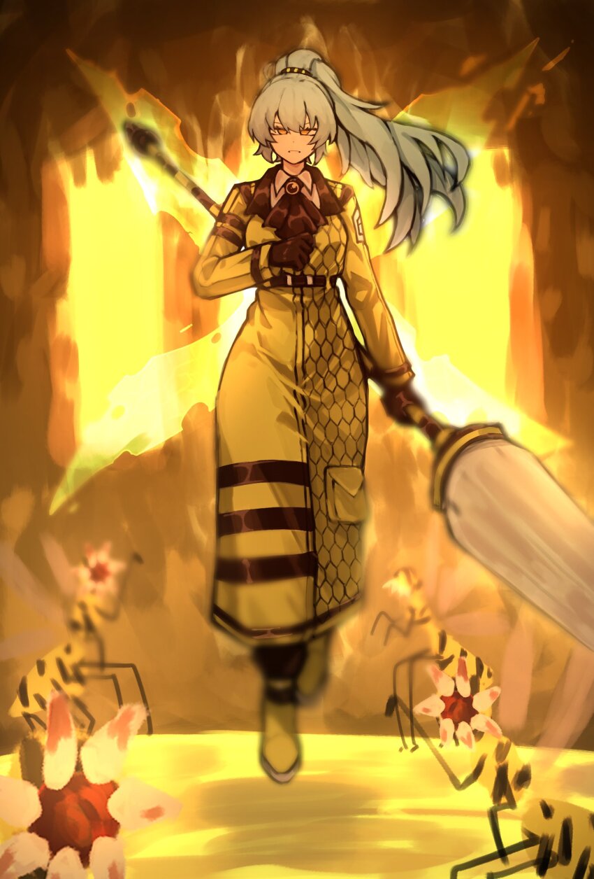 1girl, angela_(project_moon), ascot, belt, blue_hair, boots, brown_ascot, brown_belt