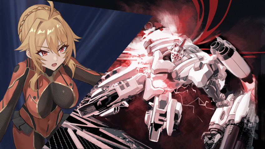 1girl, ahoge, angelica_rapha_redgrave, armored_core, armored_core_vi:_fires_of_rubicon, ayre_(armored_core_vi), blonde_hair, braid, breasts, bun_with_braided_base, commission, crossover, fairouz_ai, freedomexvss, hair_bun, hair_intakes, highres, huge_breasts, mecha, otome_game_sekai_wa_mob_ni_kibishii_sekai_desu, pilot_suit, pixiv_commission, red_eyes, robot, single_hair_bun, sol_644, voice_actor_connection