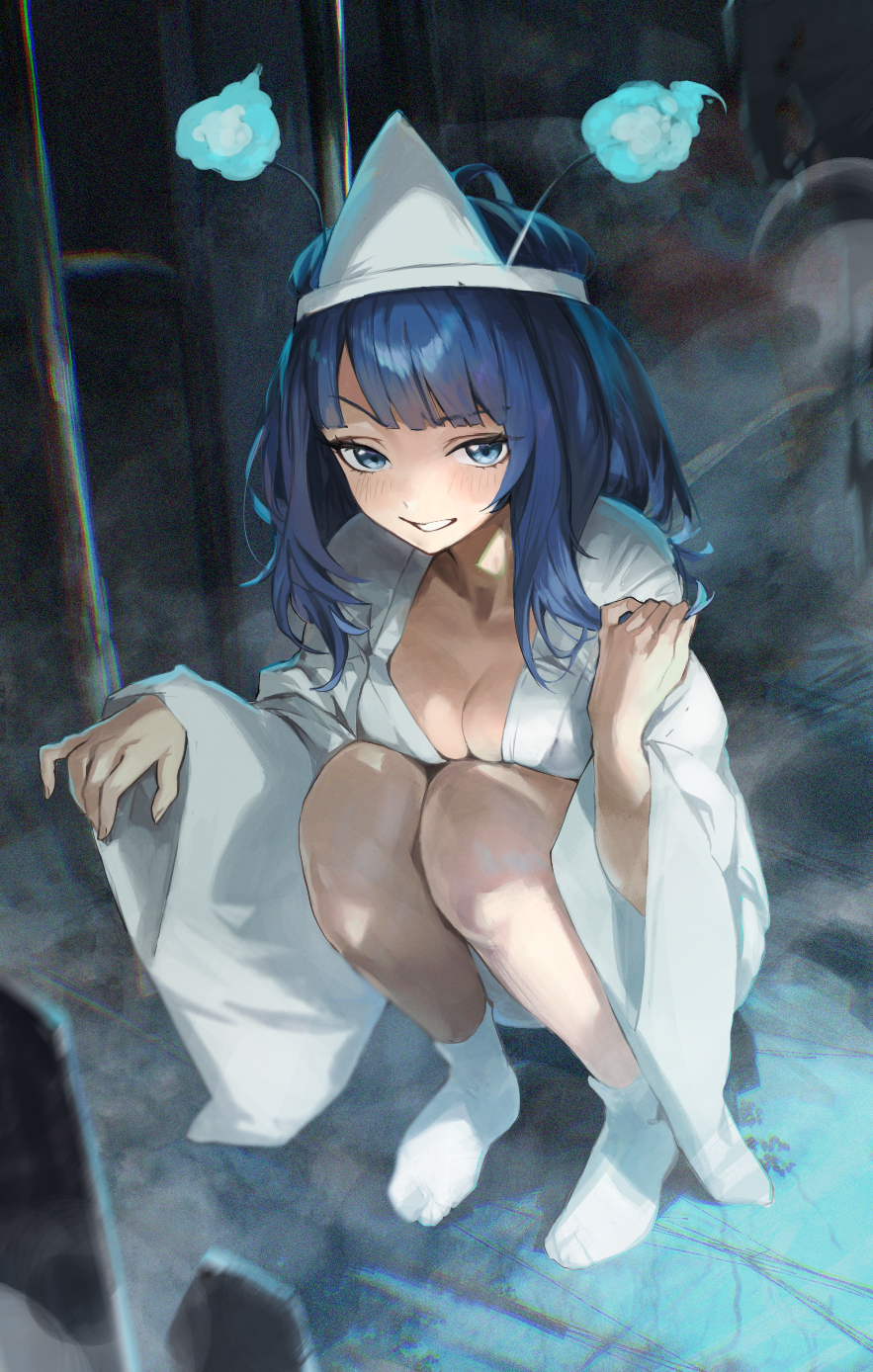 1girl, blue_eyes, blue_hair, breast_press, breasts, cleavage, clenched_teeth, collarbone, full_body, ghost_costume, hanasawa_(hanasawa062), highres, hitodama, indoors, japanese_clothes, kimono, large_breasts, long_sleeves, make_heroine_ga_oo_sugiru!, medium_hair, naked_costume, parted_lips, seductive_smile, shiroshouzoku, smile, socks, solo, squatting, teeth, triangular_headpiece, white_kimono, white_socks, wide_sleeves, yanami_anna