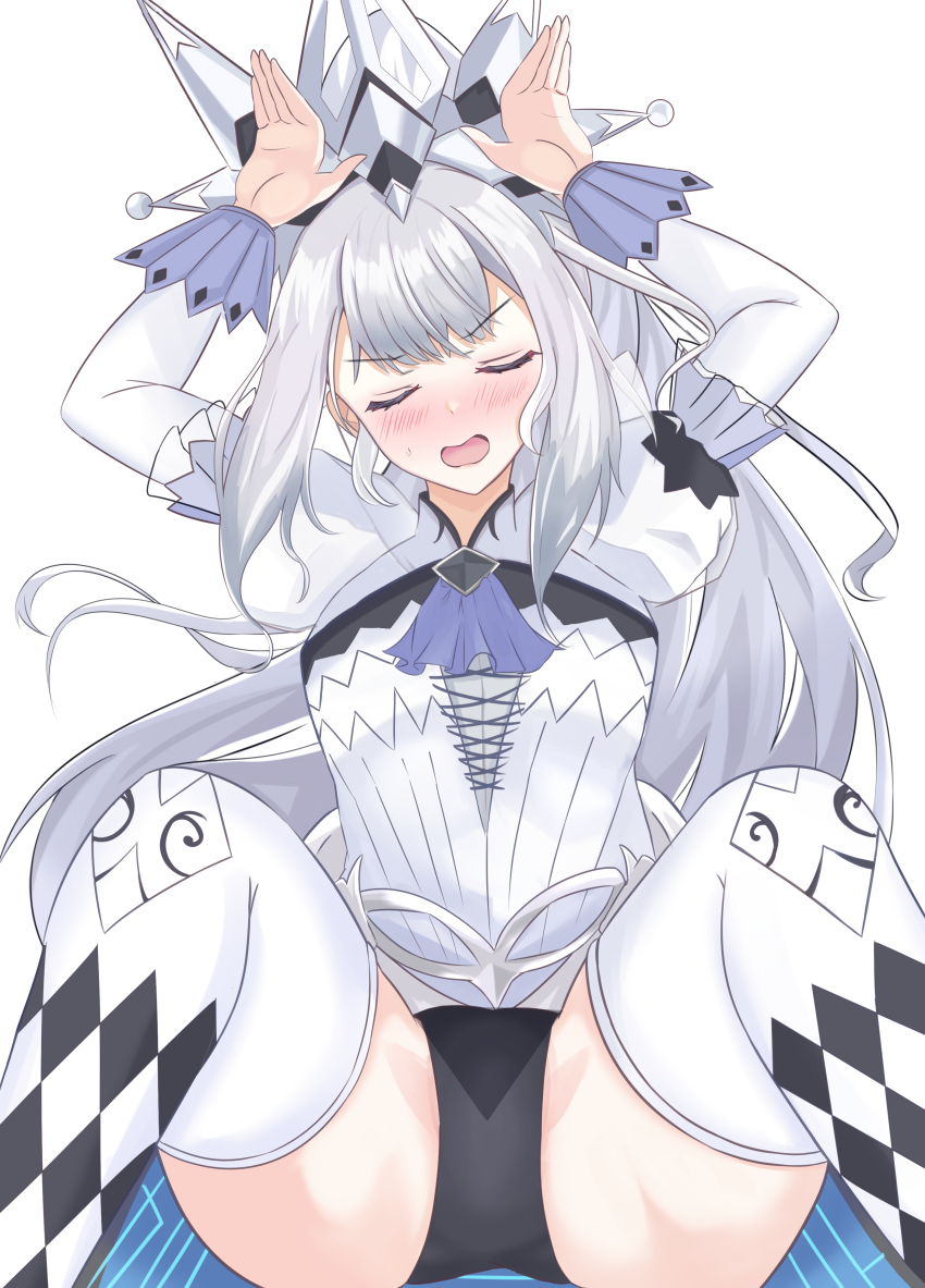 1girl, absurdres, armor, black_leotard, blush, closed_eyes, duel_monster, hands_up