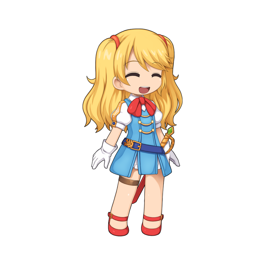 1girl, blonde_hair, blue_dress, bow, bowtie, chibi, chibi_only, closed_eyes