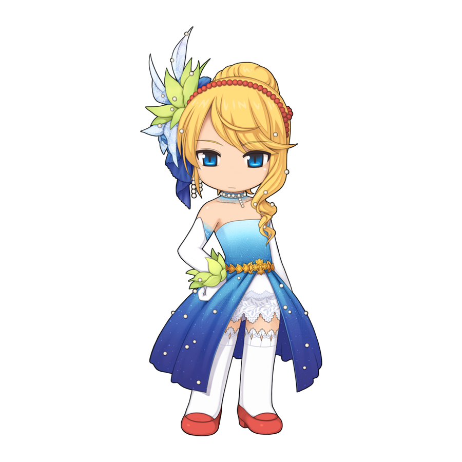 1girl, belt, blonde_hair, blue_bow, blue_dress, bow, chibi, chibi_only, closed_mouth, dress, elbow_gloves, expressionless, flat_chest, flower, full_body, gloves, gold_belt, green_flower, hair_bow, hair_bun, hair_flower, hair_ornament, high_heels, lace, lace-trimmed_thighhighs, lace_trim, looking_at_viewer, medium_hair, official_art, pearl_hair_ornament, ragnarok_online, red_footwear, simple_background, single_hair_bun, solo, spica_nerius, standing, strapless, strapless_dress, swept_bangs, thighhighs, transparent_background, white_gloves, white_thighhighs, yuichirou