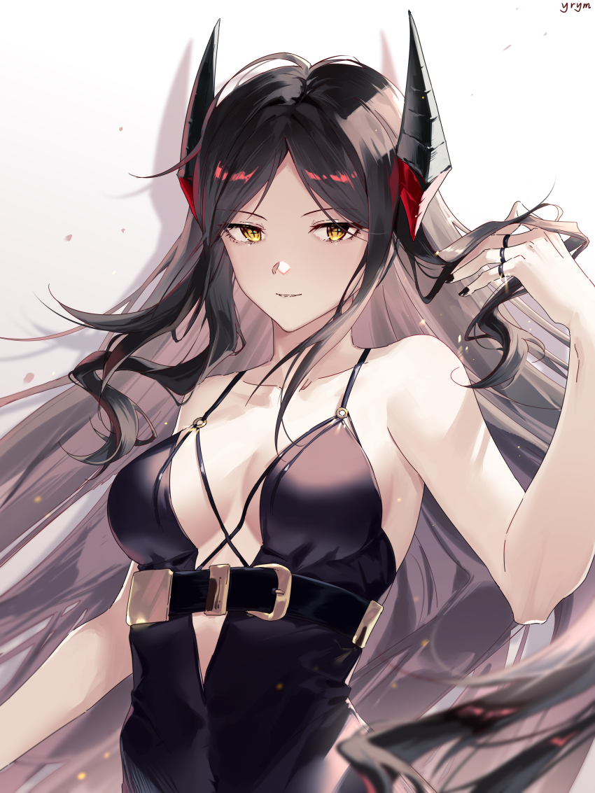 1girl, absurdres, arknights, artist_name, bare_shoulders, belt, black_belt, black_dress