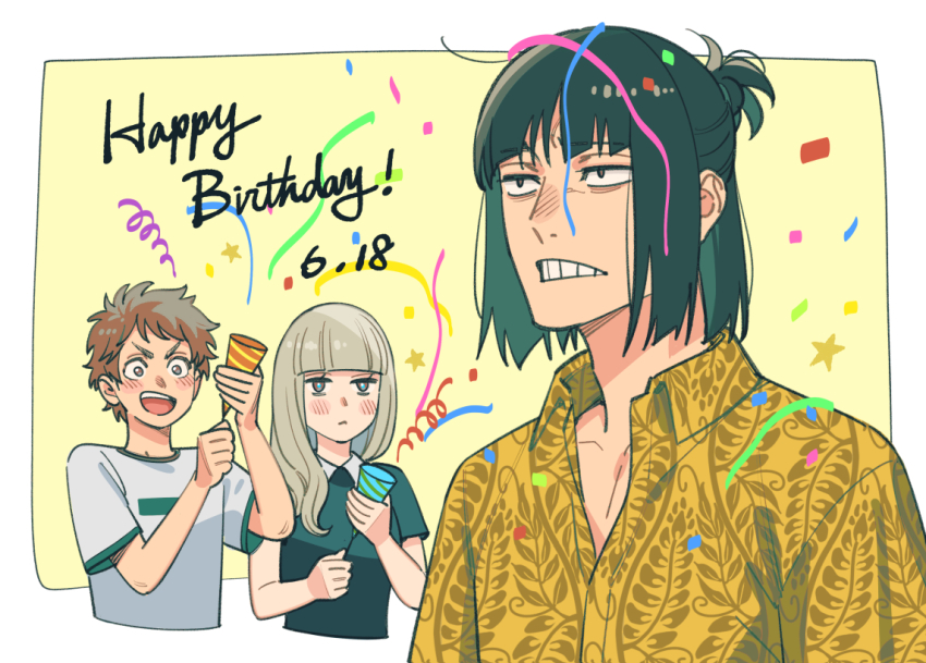 1girl, 2boys, akakokko_(niro_azarashi), akane-banashi, black_shirt, blunt_bangs, brown_hair, confetti