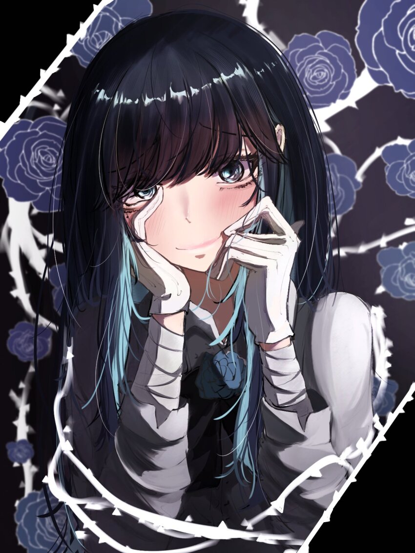 1girl, ado_(utaite), black_hair, black_vest, blue_eyes, blue_flower, blue_hair, blue_rose