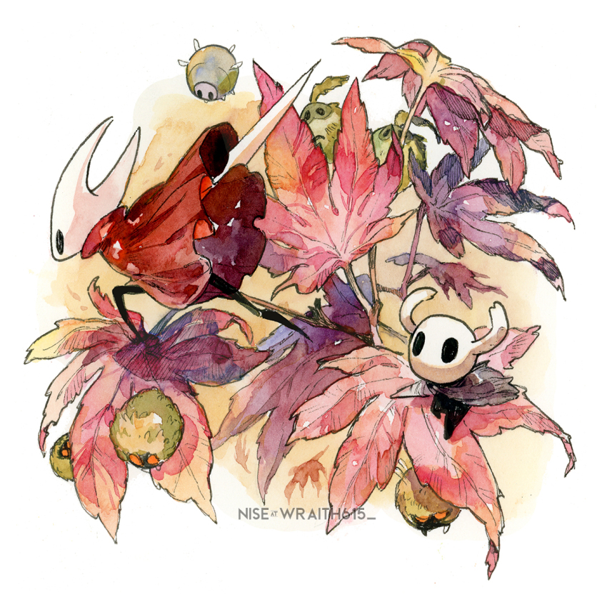 1girl, 1other, black_skin, bug, cape, cloak, colored_skin, commentary, floating, flower, grey_cape, highres, holding, hollow_knight, hornet_(hollow_knight), knight_(hollow_knight), mosscreep_(hollow_knight), mosskin_(hollow_knight), nail_(hollow_knight), obble_(hollow_knight), pink_flower, red_cloak, solid_oval_eyes, sword, weapon, white_background, wraith615