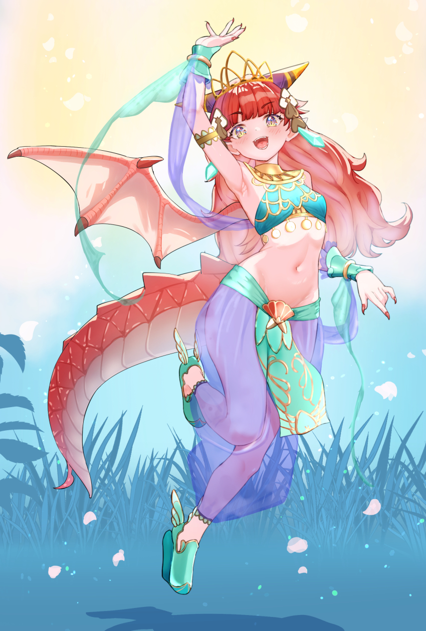 1girl, arabian_clothes, armlet, armpits, bare_shoulders, blush, bracelet, breasts, careena_(visions_of_mana), circlet, dancer, dragon_tail, dragon_wings, earrings, fuyukawa_(kogimiwa64338), harem_outfit, harem_pants, head_chain, highres, horns, jewelry, long_hair, looking_at_viewer, midriff, multicolored_clothes, navel, open_mouth, pants, pointy_shoes, red_hair, red_nails, see-through_clothes, see-through_legwear, seiken_densetsu, shoes, small_breasts, smile, solo, tail, veil, visions_of_mana, wings, yellow_eyes
