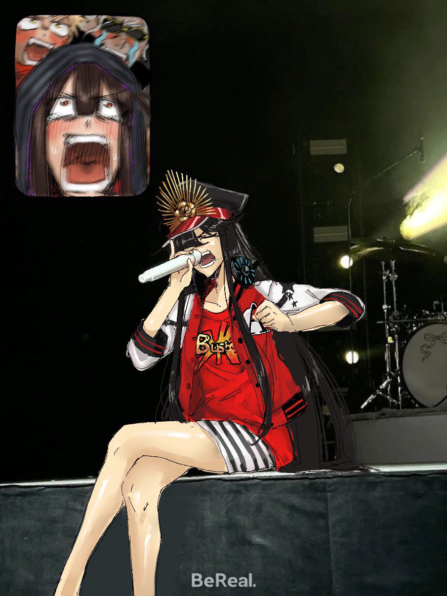 1girl, akechi_mitsuhide_(fate), bare_legs, black_hair, blunt_bangs, blush, brother_and_sister, buster_shirt