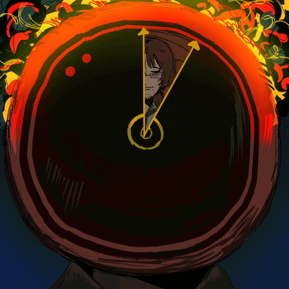 :d, animated, animated_gif, beard_stubble, black_hair, blonde_hair, blood, blood_on_face, blue_eyes, brown_hair, character_request, clock, commentary, dante_(limbus_company), english_commentary, facial_hair, faust_(project_moon), glasses, gregor_(project_moon), grey_hair, hat, ishmael_(project_moon), limbus_company, object_head, open_mouth, project_moon, rugwurm, smile, stubble