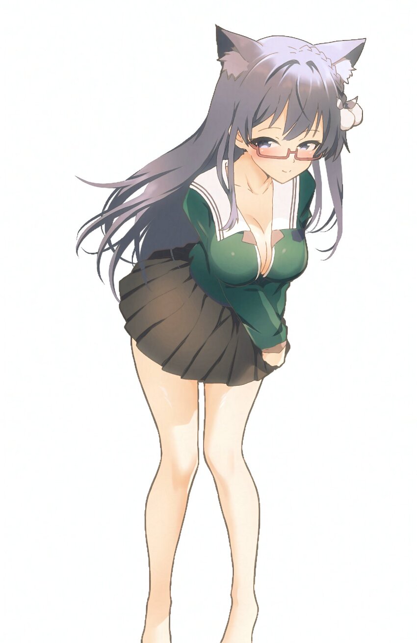 1girl, 22/7, animal_ears, barefoot, black_skirt, blue_eyes, blue_hair, blush