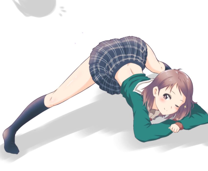 1girl, 22/7, ;), asymmetrical_bangs, black_skirt, black_socks, closed_mouth, full_body