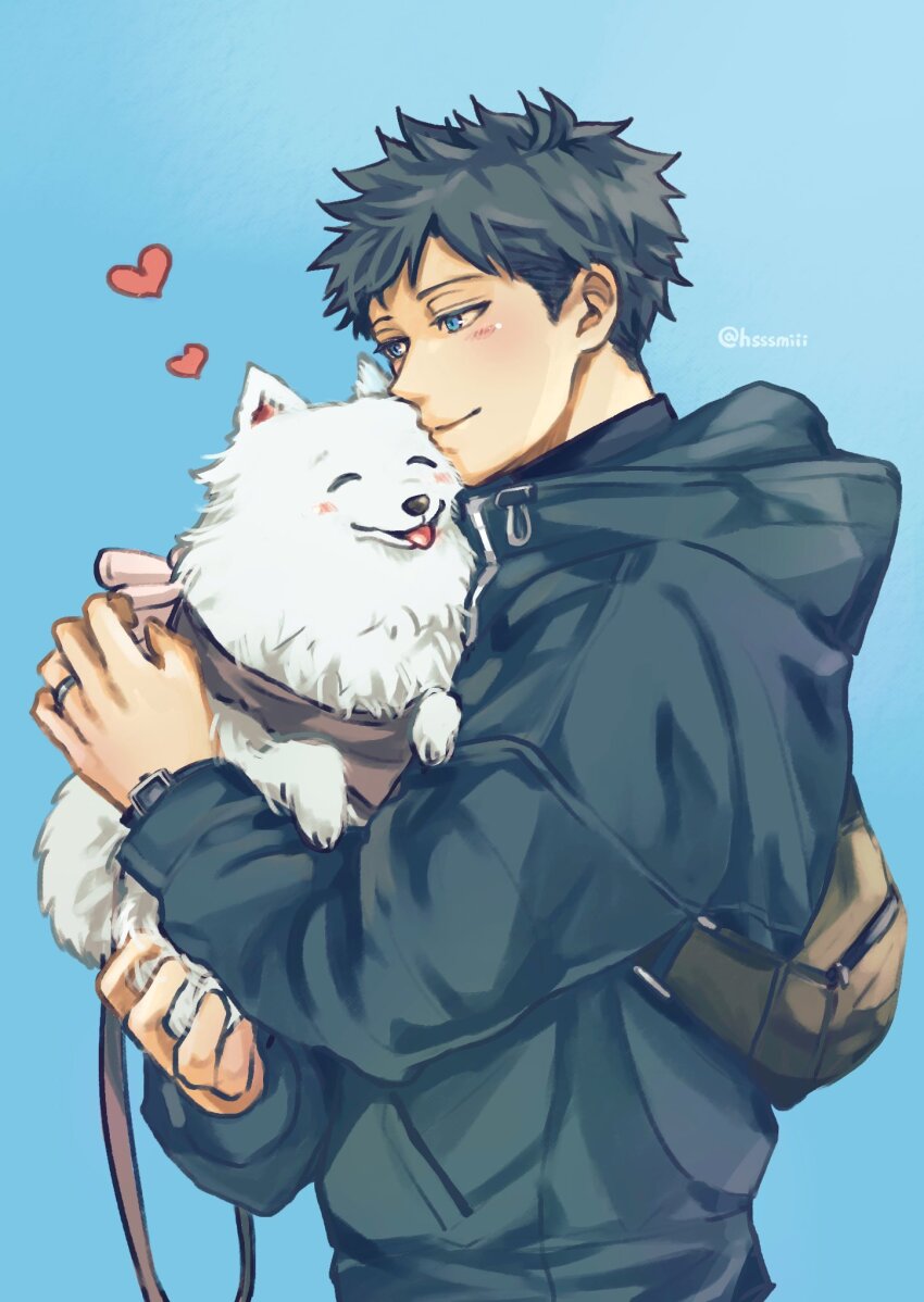 1boy, ^_^, animal, artist_name, bag, black_hair, black_jacket, blue_background