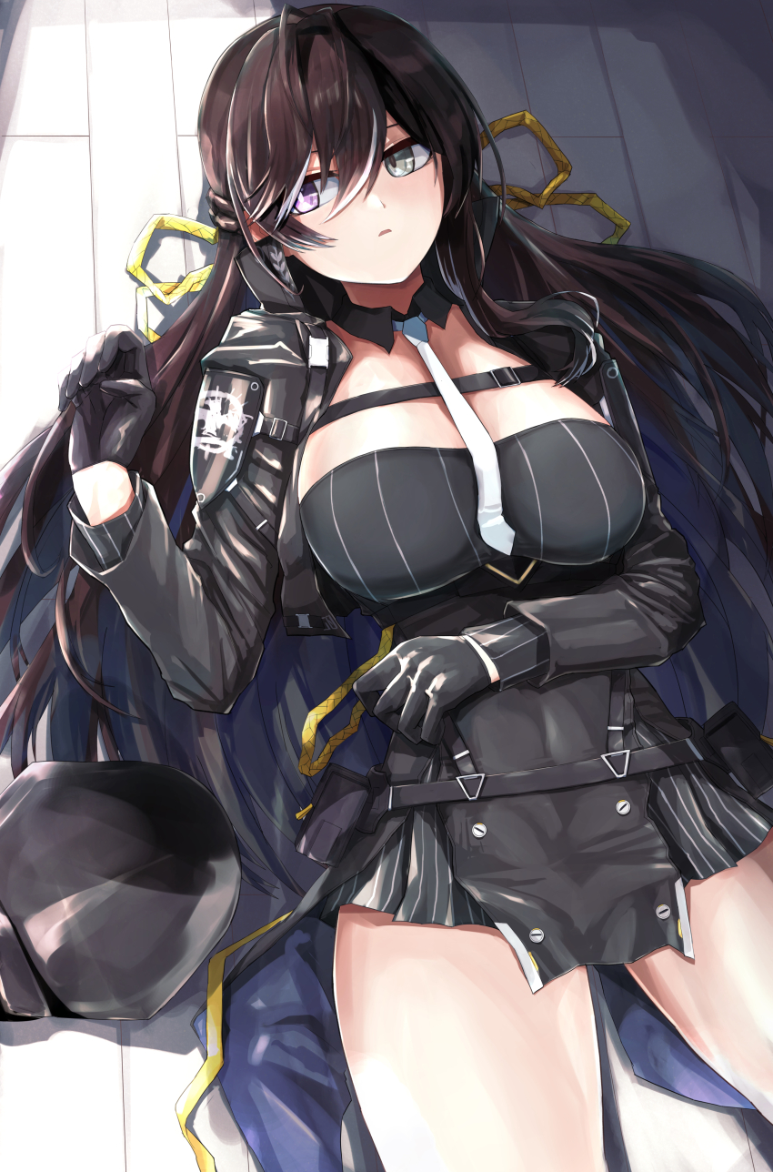 1girl, absurdres, black_dress, black_gloves, black_hat, black_jacket, breasts, bright_pupils
