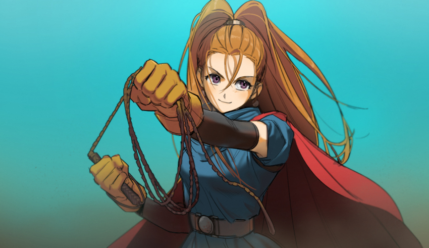 1girl, barbara_(dq6), belt, blue_background, blue_dress, cape, closed_mouth, commentary_request, dragon_quest, dragon_quest_vi, dress, dust_cloud, earrings, floating_cape, floating_clothes, floating_hair, forehead, gloves, gradient_background, high_ponytail, holding, holding_weapon, holding_whip, jewelry, looking_to_the_side, orange_hair, ponytail, purple_eyes, red_cape, simu_rr, smile, solo, weapon, whip, yellow_gloves