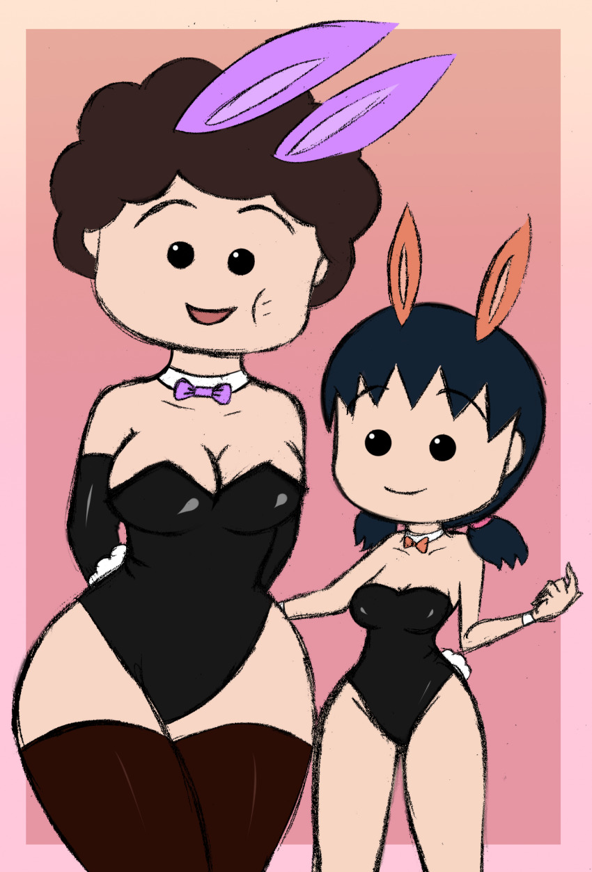 2girls, animal_ears, arms_behind_back, black_eyes, black_hair, black_leotard, black_thighhighs, bow