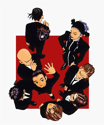 3girls, 5boys, angela_belti, annie_hamilton, atlus, black_theme, formal_clothes, gouketsuji_ichizoku