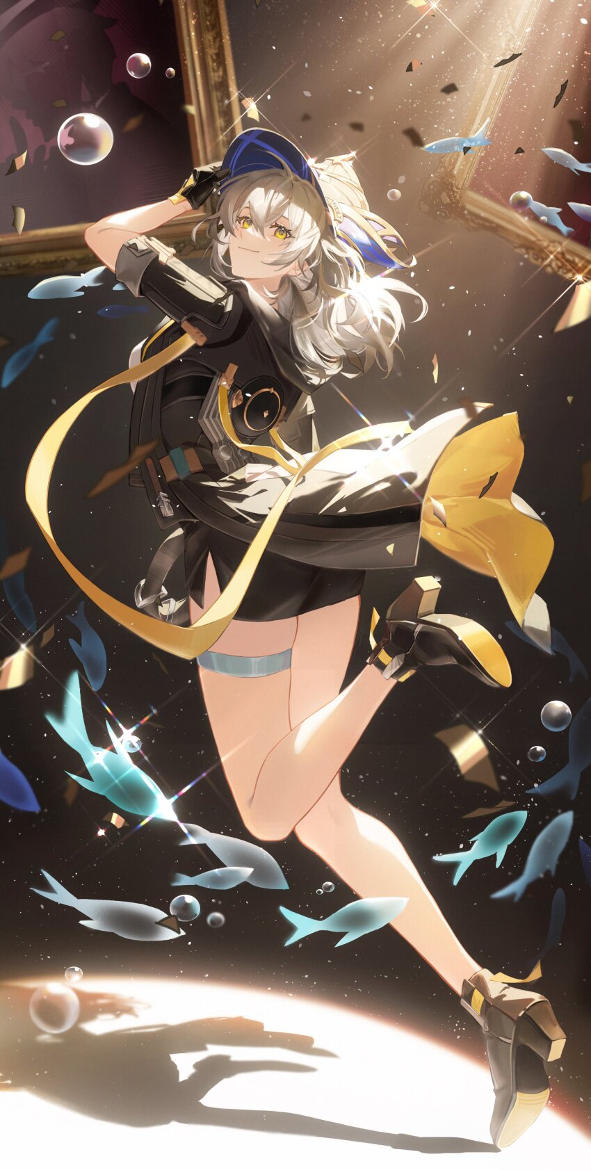 1girl, 625light, absurdres, black_gloves, black_jacket, canvas_(object), closed_mouth, fedora