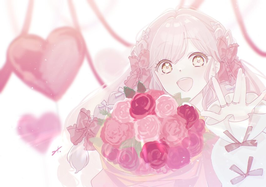 1girl, :d, aikatsu!_(series), aikatsu_academy!, alternate_eye_color, bouquet, bow, commentary