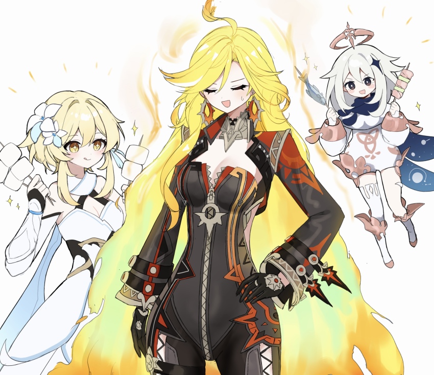 3girls, ahoge, biker_clothes, bikesuit, black_bodysuit, blonde_hair, bodysuit, breasts