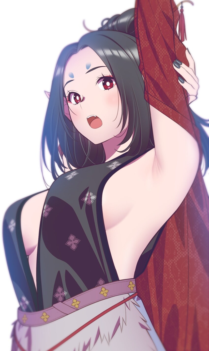 1girl, andrian_januar_adilia, arm_behind_head, arm_up, armpits, black_hair, black_myth:_wukong, black_nails, breasts, center_opening, chinese_clothes, commentary, english_commentary, facial_tattoo, fang, forehead, highres, indonesian_commentary, looking_at_viewer, medium_breasts, mixed-language_commentary, open_mouth, parted_bangs, pingping_(black_myth:_wukong), pointy_ears, red_eyes, sideboob, solo, tattoo, teeth, upper_body, upper_teeth_only, white_background