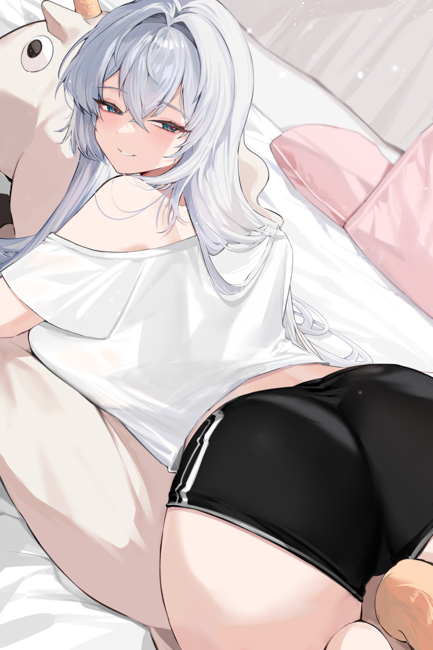 1girl, absurdres, ass, black_shorts, blue_eyes, blush, breasts, closed_mouth