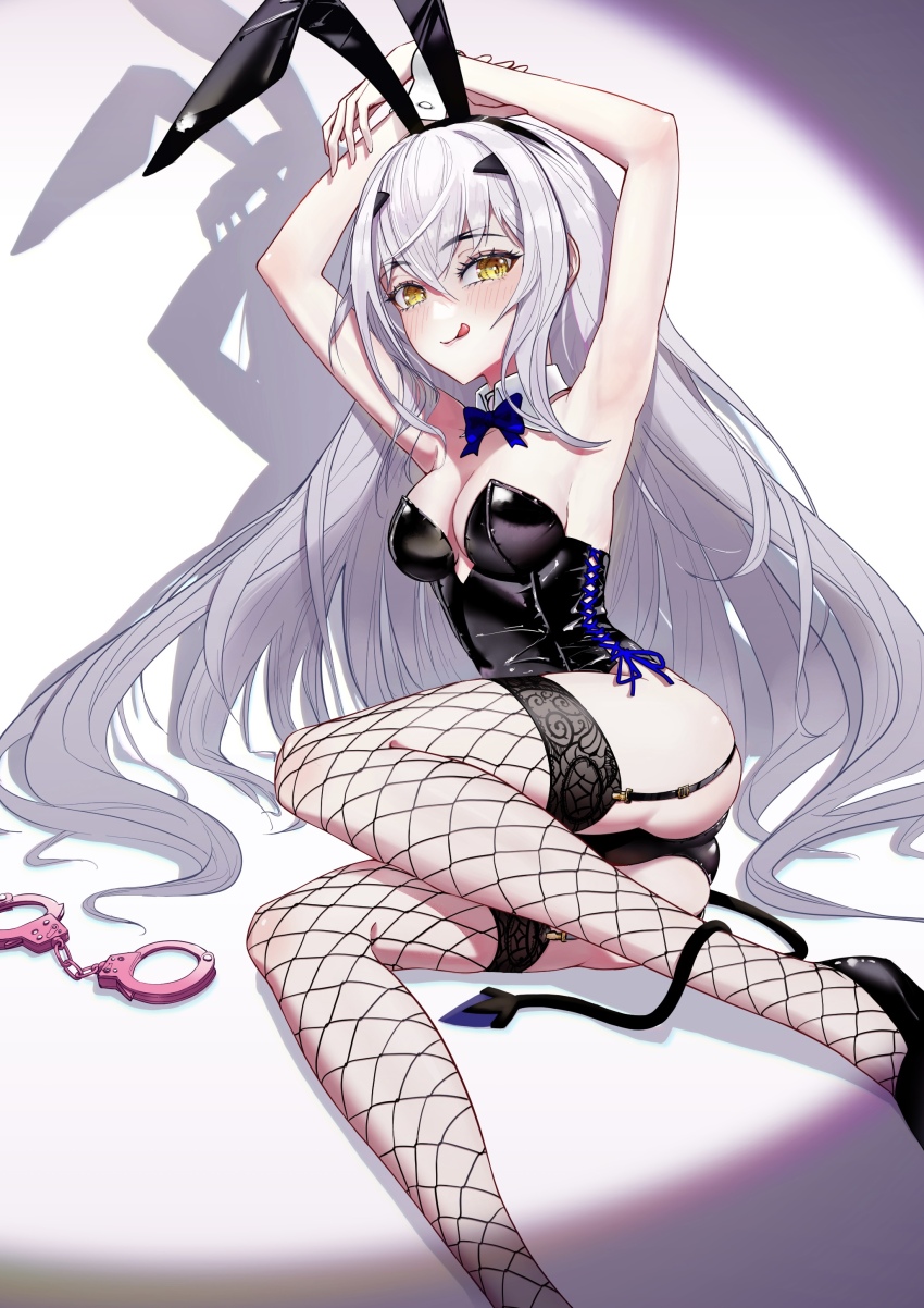 1girl, absurdres, animal_ears, armpits, arms_up, atenderliver, bare_shoulders, black_leotard, breasts, cleavage, detached_collar, fake_animal_ears, fate/grand_order, fate_(series), fishnet_thighhighs, fishnets, forked_eyebrows, highres, leotard, licking_lips, long_hair, looking_at_viewer, medium_breasts, melusine_(fate), playboy_bunny, presenting_armpit, rabbit_ears, sidelocks, smile, solo, thighhighs, thighs, tongue, tongue_out, white_hair, wrist_cuffs, yellow_eyes