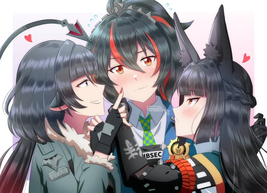 3girls, animal_ears, artist_name, black_gloves, black_hair, blue_w_moon, blunt_bangs, blush