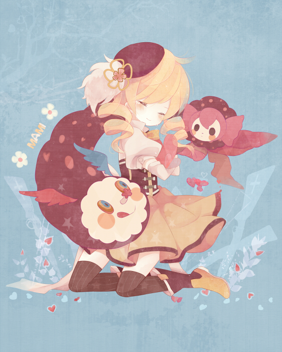 10s, 1girl, beret, blonde_hair, blush, boots, brown_thighhighs, charlotte_(madoka_magica)