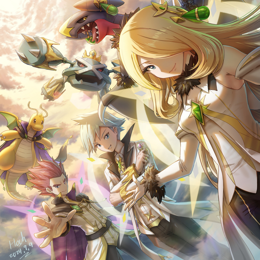 1girl, 2boys, blonde_hair, cape, closed_mouth, commentary_request, cynthia_(arc_suit)_(pokemon), cynthia_(pokemon), dated, dragonite, eyelashes, garchomp, gem, gen_1_pokemon, gen_3_pokemon, gen_4_pokemon, green_gem, hair_ornament, hair_over_one_eye, highres, hooh_lin, jewelry, lance_(arc_suit)_(pokemon), lance_(pokemon), long_hair, long_sleeves, metagross, multiple_boys, nintendo, official_alternate_costume, outdoors, outstretched_arm, pokemon, pokemon_masters_ex, ring, signature, smile, spread_fingers, steven_stone, steven_stone_(arc_suit)