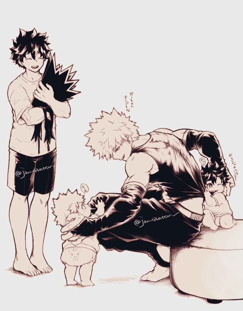 4boys, bakugou_katsuki, barefoot, belt, boku_no_hero_academia, closed_eyes, elbow_sleeve, father_and_child