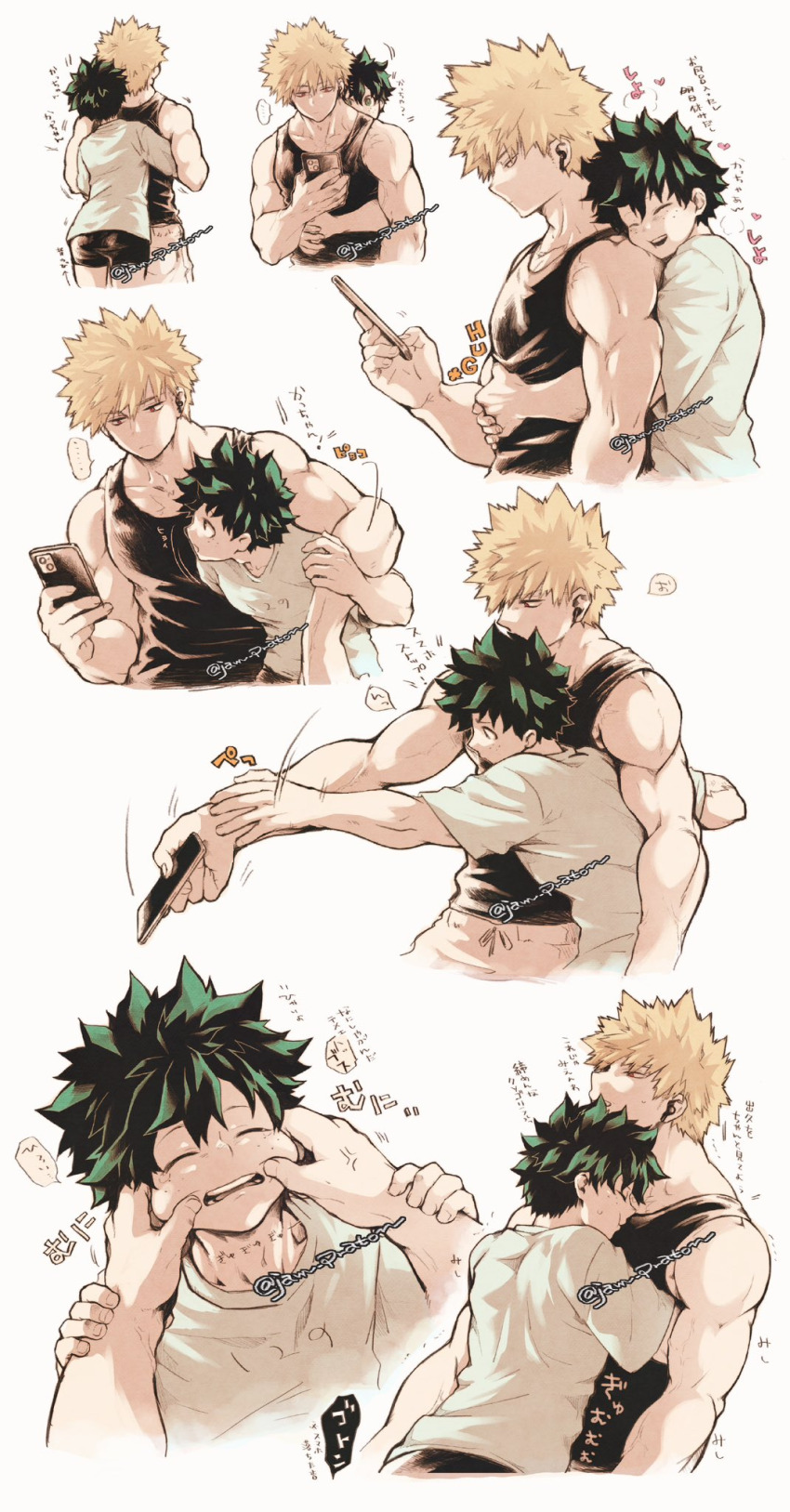 2boys, bakugou_katsuki, blonde_hair, boku_no_hero_academia, closed_eyes, freckles, green_eyes, green_hair