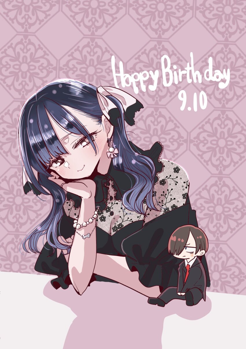 1boy, 1girl, black_hair, black_suit, blue_hair, blush, boku_no_kokoro_no_yabai_yatsu, bone_bracelet