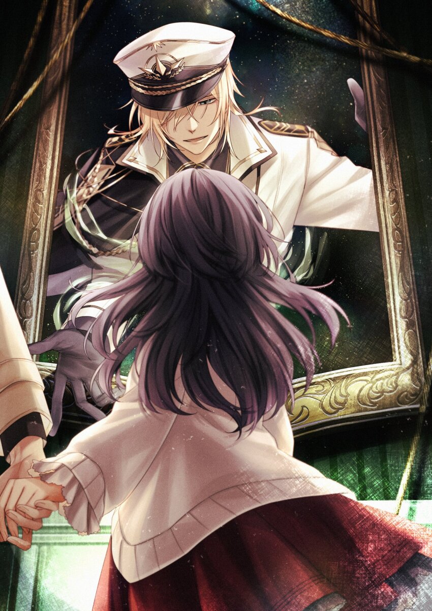 1girl, 2boys, aiguillette, alkaid_mcgrath, alkaid_mcgrath_(infinite_empire), beckoning, black_cape, black_gloves