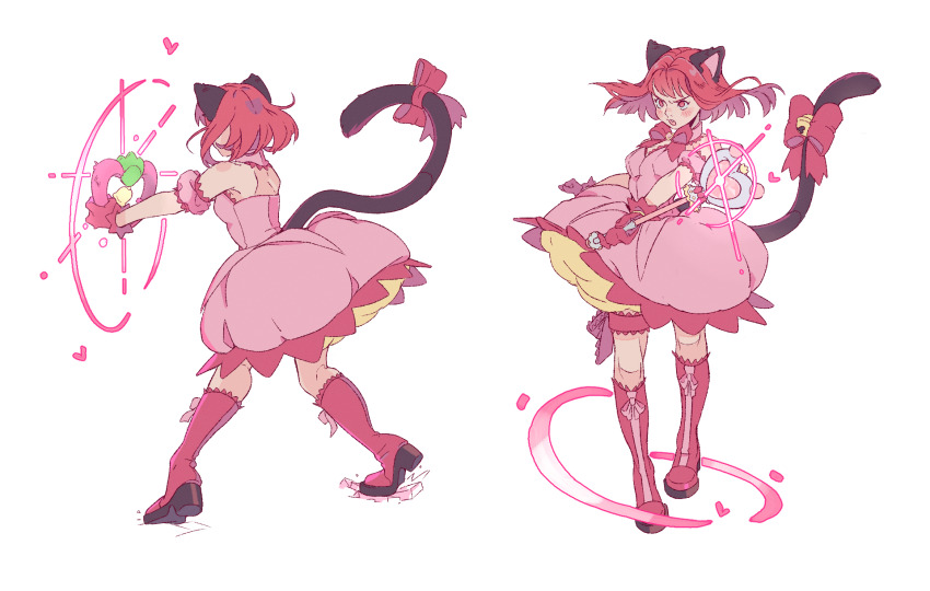 1girl, animal_ears, art_study, bell, bow, breasts, cat_ears, cat_girl, cat_tail, choker, commentary, curemi, detached_sleeves, dress, dynamic_pose, english_commentary, gloves, highres, jingle_bell, magical_girl, mew_ichigo, momomiya_ichigo, pink_choker, pink_eyes, pink_hair, pose_study, puffy_detached_sleeves, puffy_sleeves, red_gloves, short_hair, simple_background, strawbell_bell, tail, tail_bell, tail_bow, tail_ornament, tokyo_mew_mew, white_background